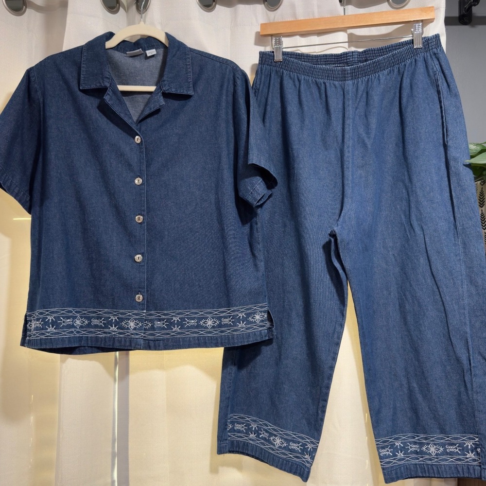 Vintage Adrian Delafield Haband Women Medium Denim 2 Piece Set Embroidered